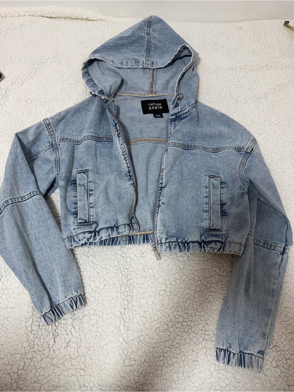 refuge Light Blue Cropped Hooded Denim Jacket